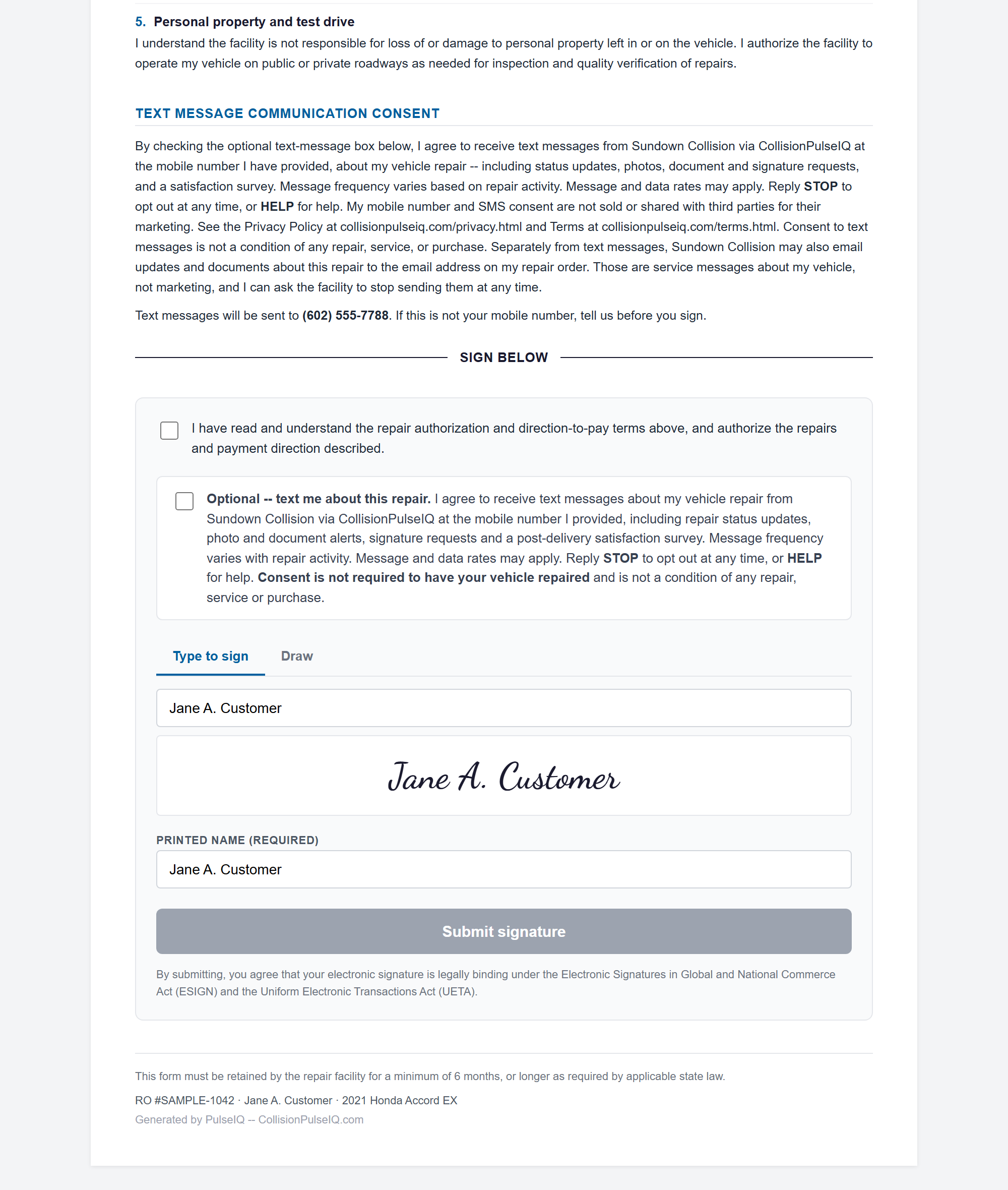 The repair authorization signing screen, showing the text message consent disclosure, the line naming the mobile number that will receive texts, and two separate unchecked checkboxes: a required repair authorization box and an optional text-message consent box.